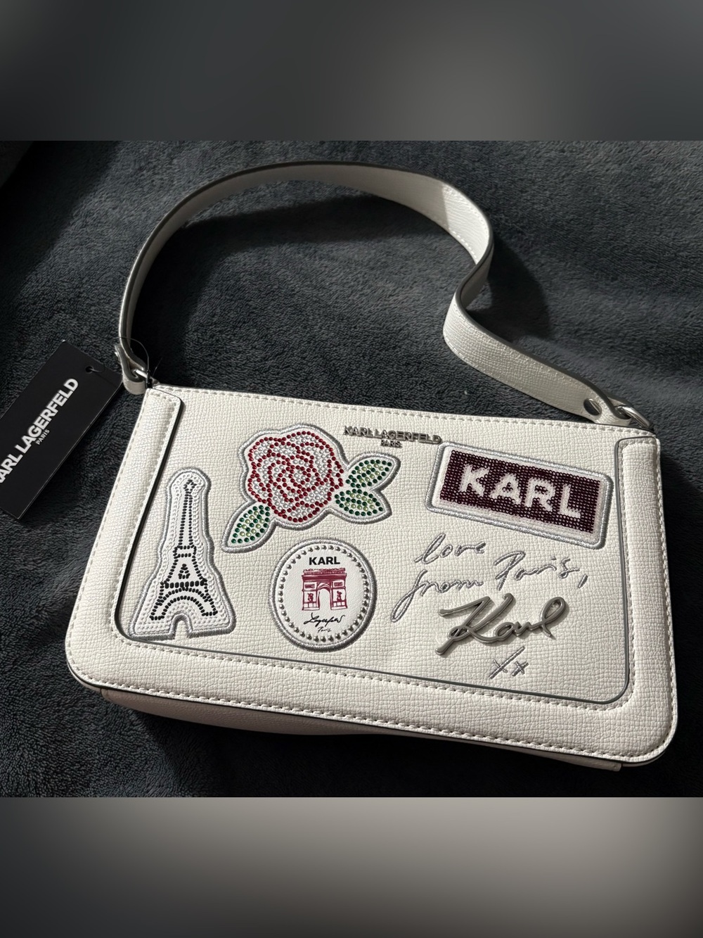 Karl Lagerfeld White Crossbody Bag with Red & Green Patch Accents